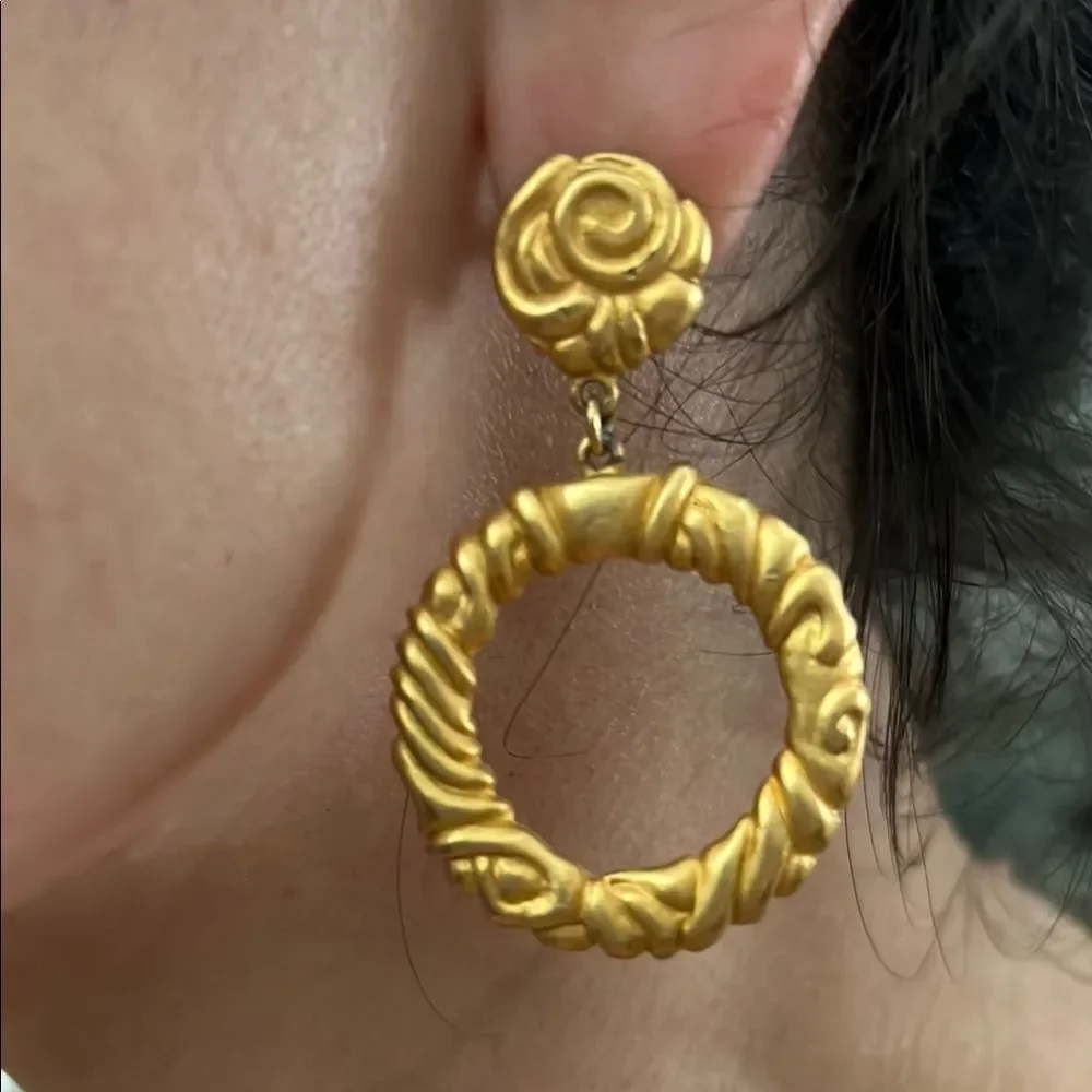 Gold Textured Hoop Earrings with Rosette Studs